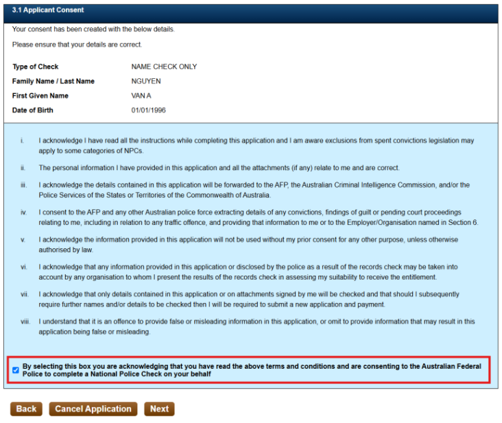 Hướng dẫn điền và nộp đơn Police check trực tuyến AFP bước 4