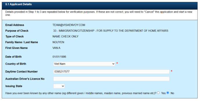 Hướng dẫn điền và nộp đơn Police check trực tuyến AFP bước 6